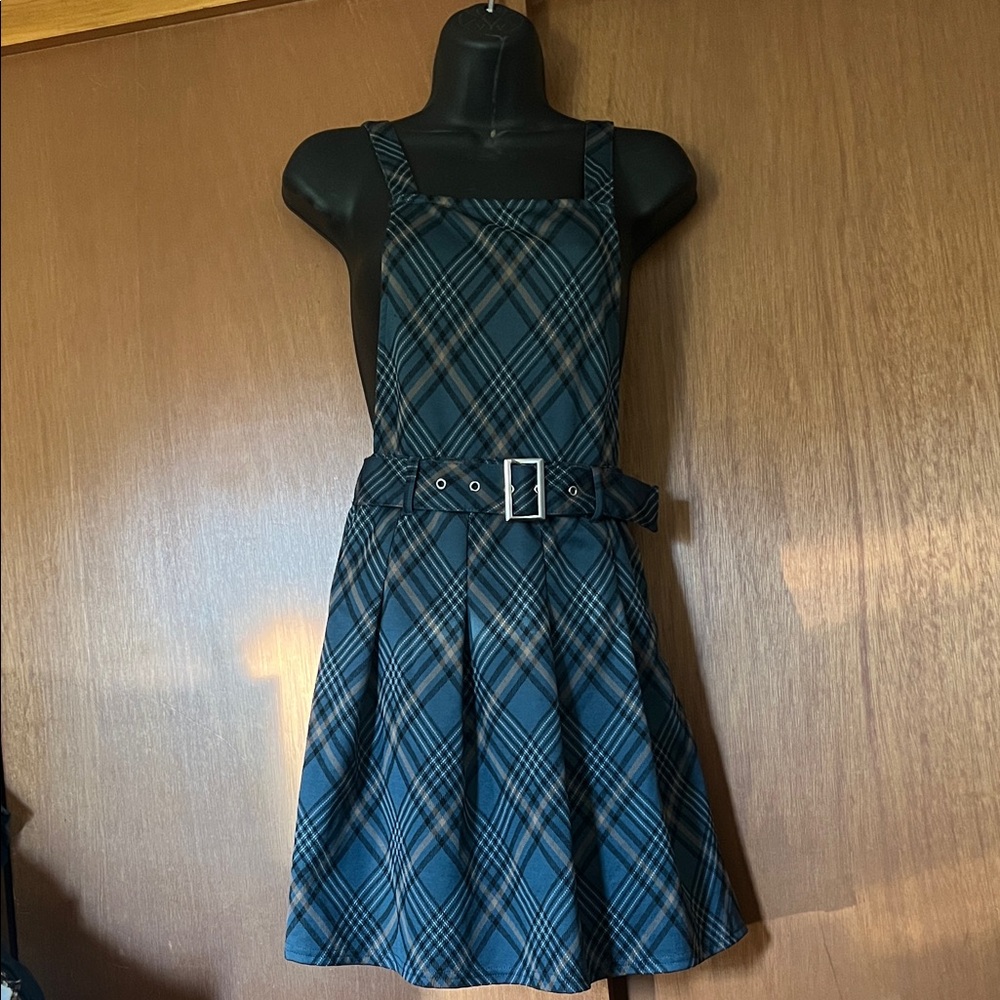 Planet Gold Teal and Black Plaid Pinafore Dress with Belt